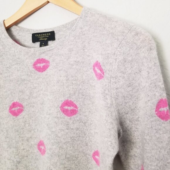 Charter Club 100% Cashmere Lipstick Lips Crewneck Sweater Gray Pink Size S $159 - Picture 8 of 15